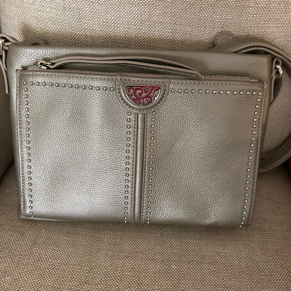 Brighton Silver Pebble Leather Crossbody with Stud Trim